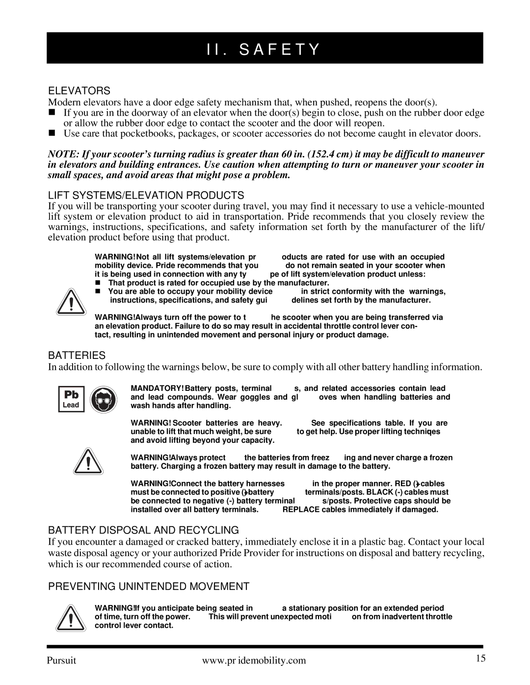 Pride Mobility INFMANU3890 manual Elevators, Lift SYSTEMS/ELEVATION Products, Batteries, Battery Disposal and Recycling 