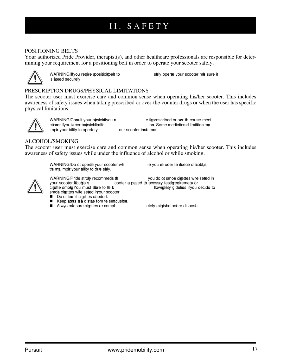 Pride Mobility INFMANU3890 manual Positioning Belts, Prescription DRUGS/PHYSICAL Limitations, Alcohol/Smoking 