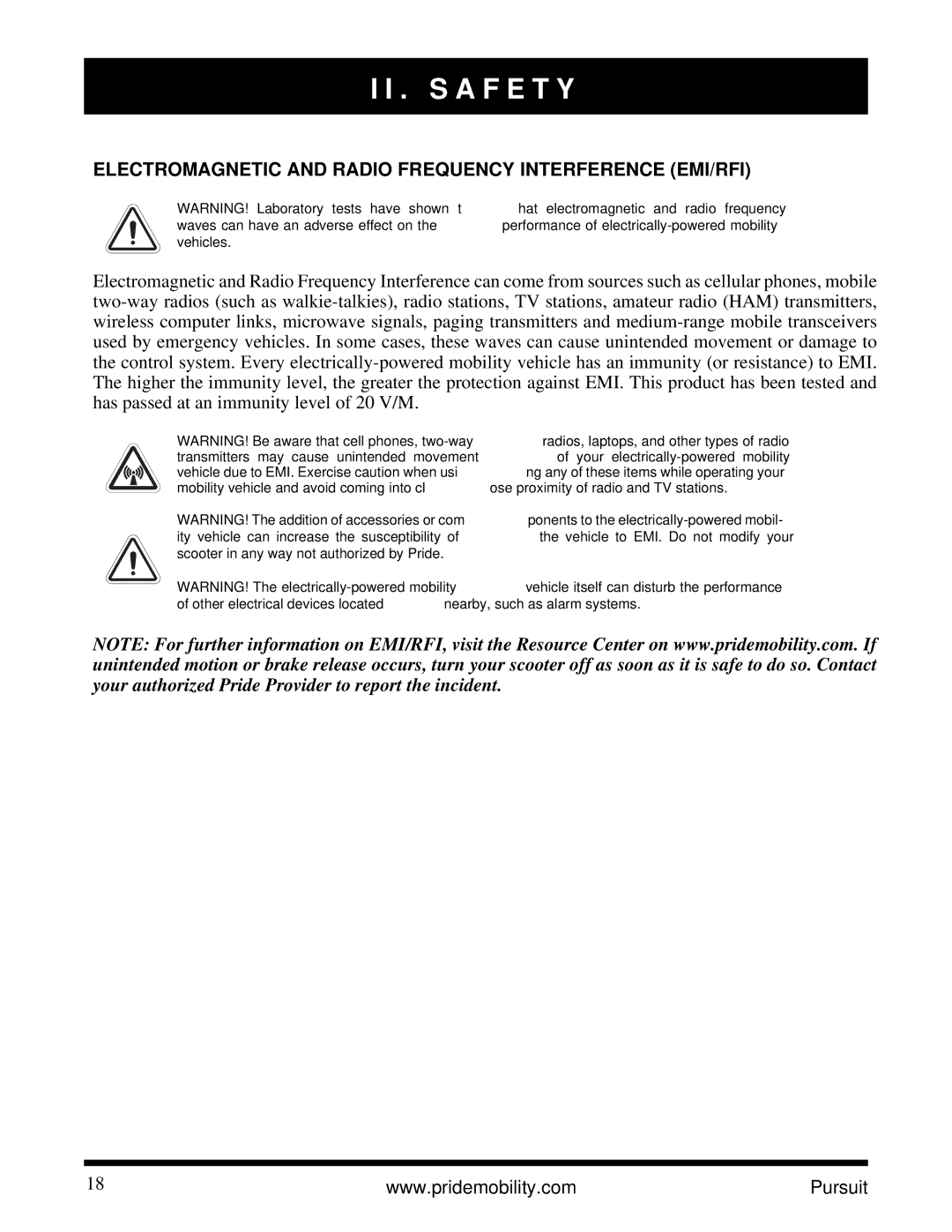 Pride Mobility INFMANU3890 manual Electromagnetic and Radio Frequency Interference EMI/RFI 