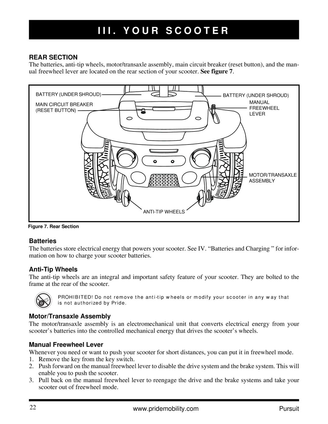 Pride Mobility INFMANU3890 Rear Section, Batteries, Anti-Tip Wheels, Motor/Transaxle Assembly, Manual Freewheel Lever 