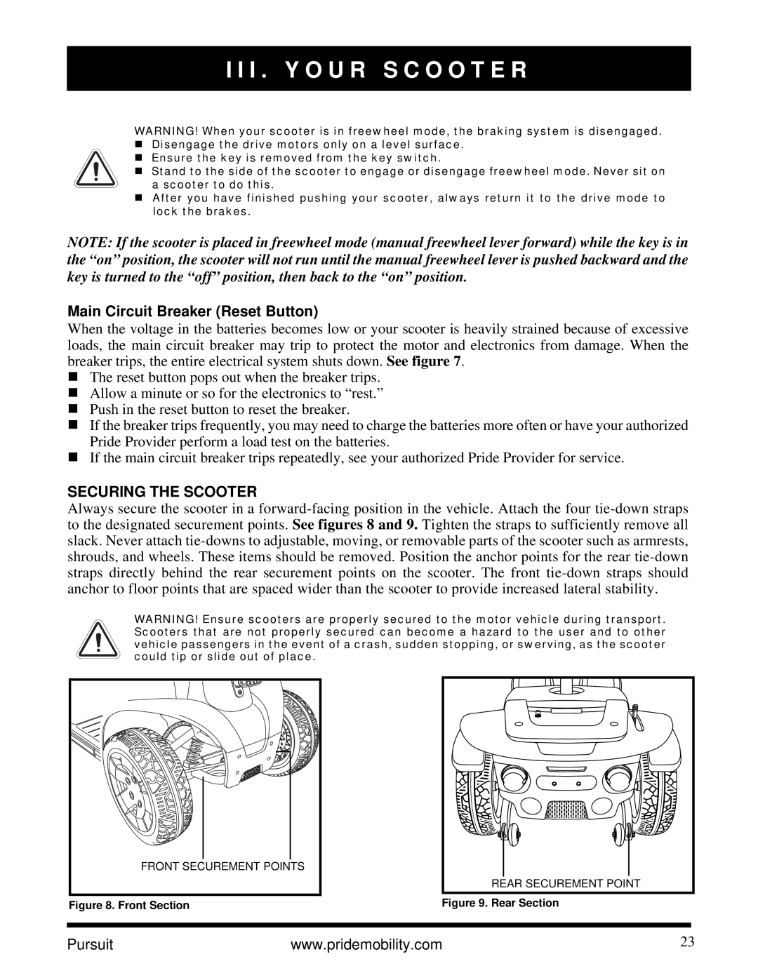 Pride Mobility INFMANU3890 manual Main Circuit Breaker Reset Button, Securing the Scooter 