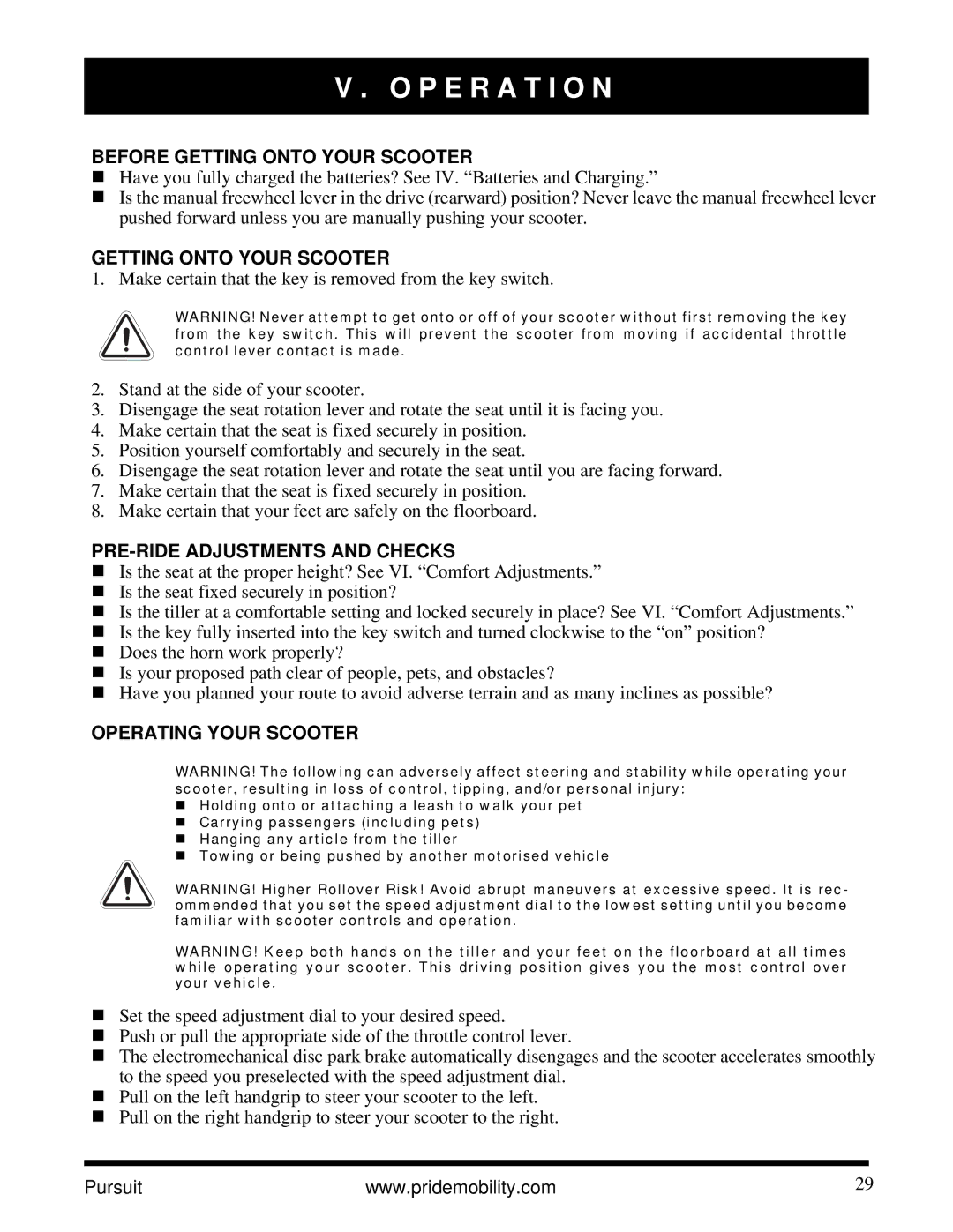 Pride Mobility INFMANU3890 manual P E R a T I O N, Before Getting Onto Your Scooter, PRE-RIDE Adjustments and Checks 