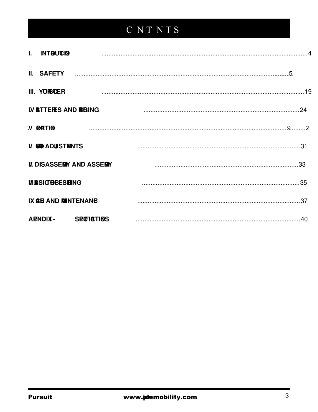 Pride Mobility INFMANU3890 manual N T E N T S 