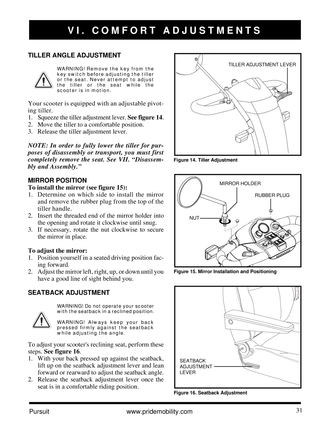 Pride Mobility INFMANU3890 manual C O M F O R T a D J U S T M E N T S, Tiller Angle Adjustment, Mirror Position 