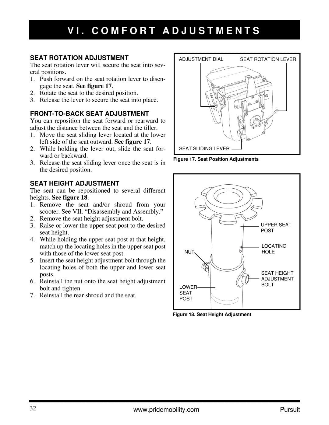 Pride Mobility INFMANU3890 manual Seat Rotation Adjustment, FRONT-TO-BACK Seat Adjustment, Seat Height Adjustment 