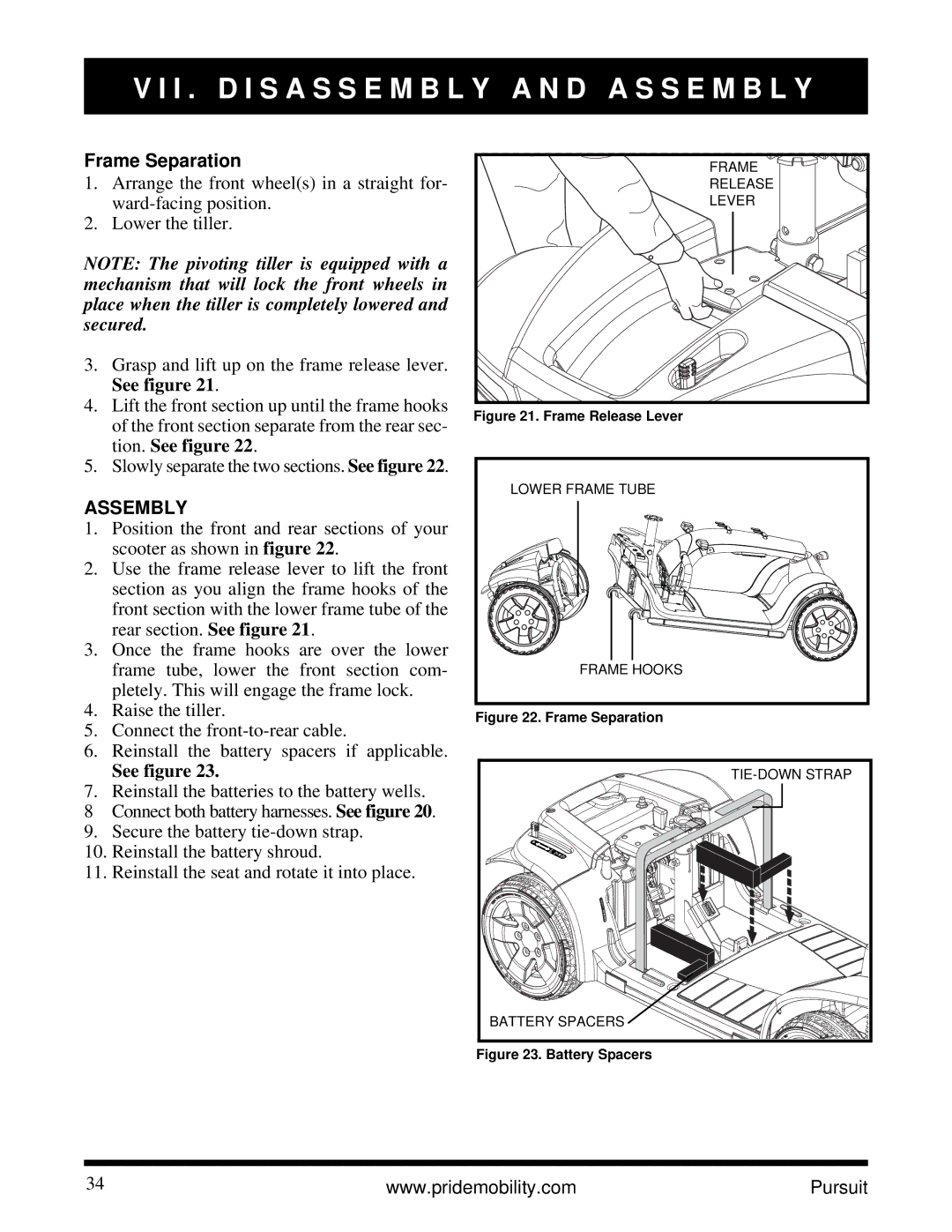 Pride Mobility INFMANU3890 manual Frame Separation, Assembly, See figure 