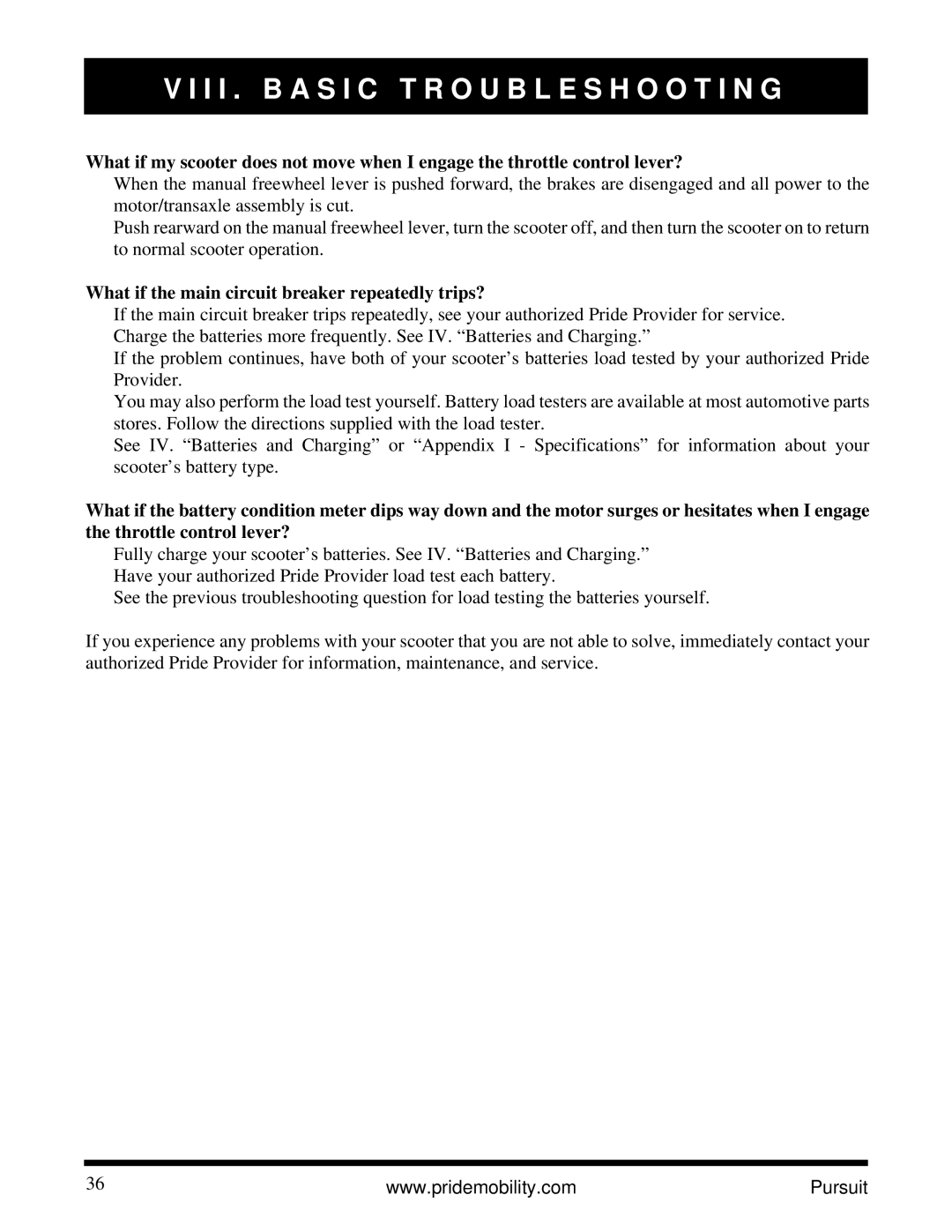 Pride Mobility INFMANU3890 manual What if the main circuit breaker repeatedly trips? 