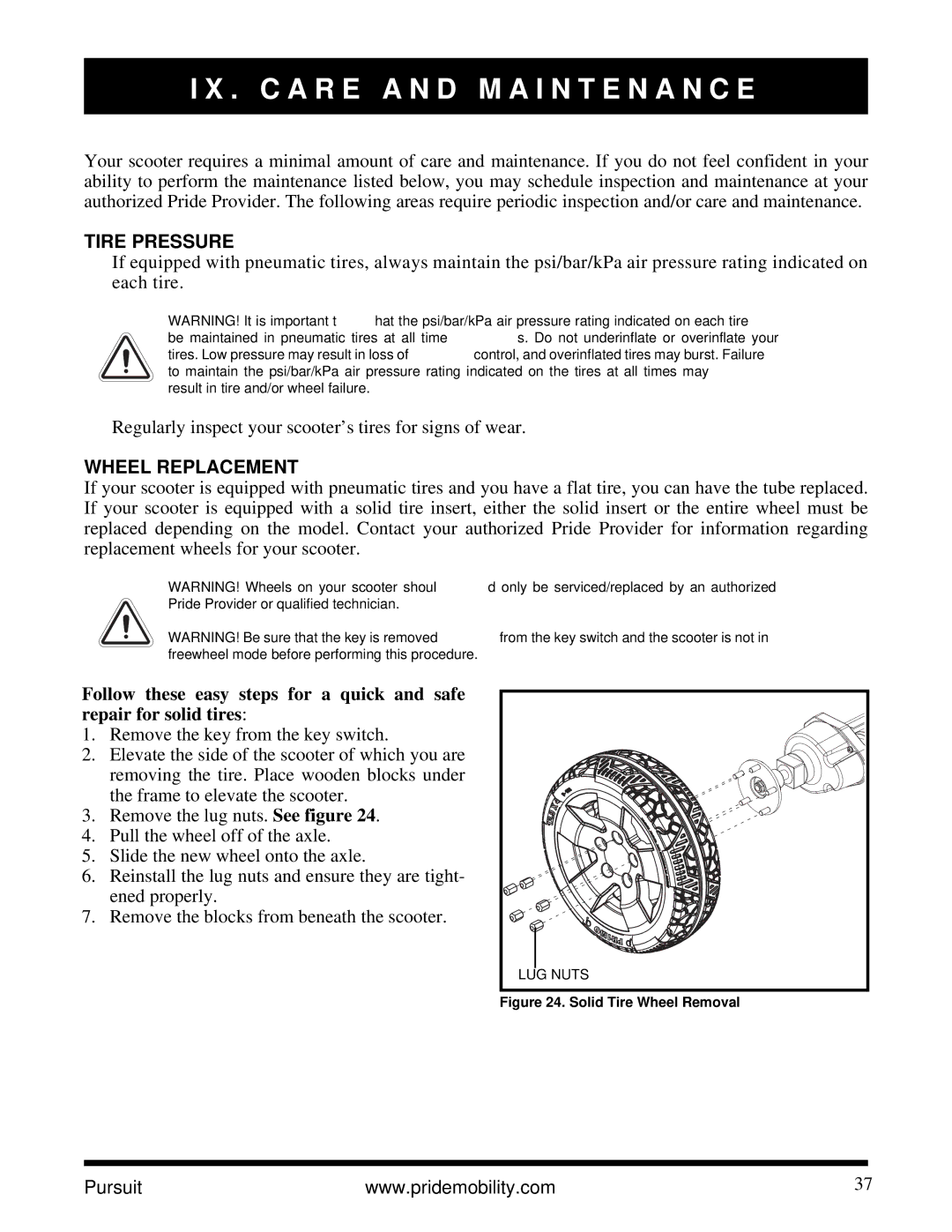Pride Mobility INFMANU3890 manual C a R E a N D M a I N T E N a N C E, Tire Pressure, Wheel Replacement 