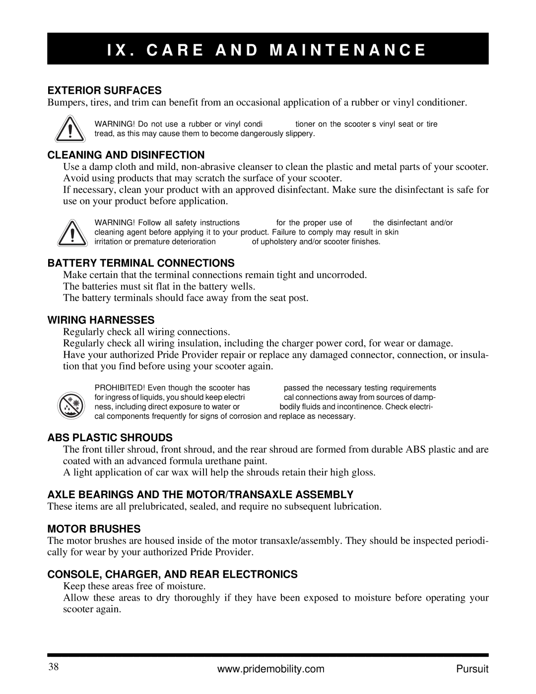 Pride Mobility INFMANU3890 Exterior Surfaces, Cleaning and Disinfection, Battery Terminal Connections, Wiring Harnesses 