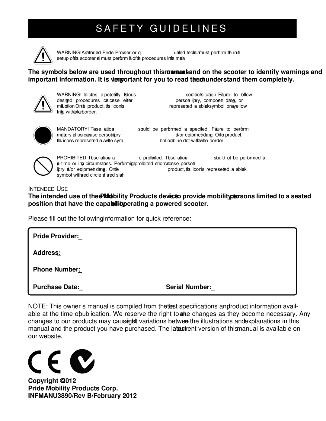 Pride Mobility INFMANU3890 manual 