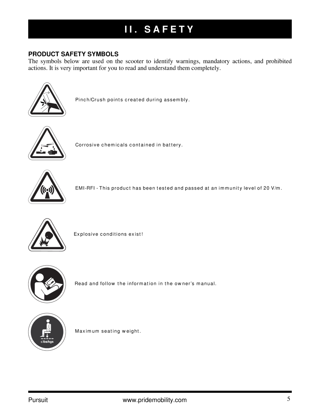 Pride Mobility INFMANU3890 manual S a F E T Y, Product Safety Symbols 