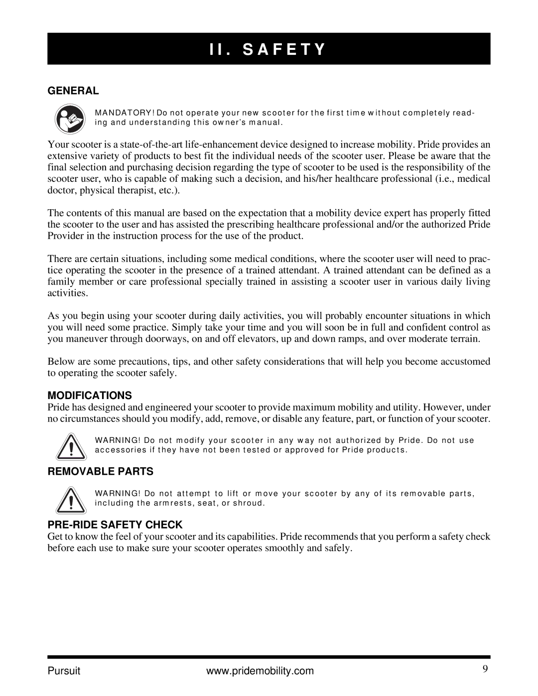 Pride Mobility INFMANU3890 manual General, Modifications, Removable Parts PRE-RIDE Safety Check 