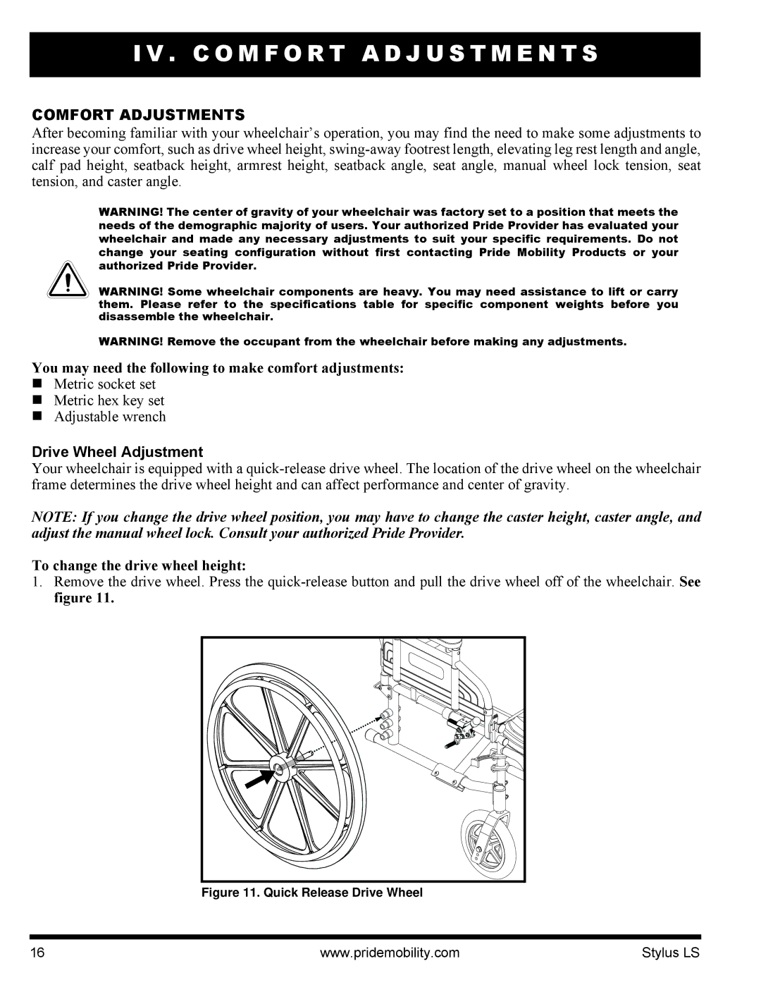 Pride Mobility INFMANU4093 manual C O M F O R T a D J U S T M E N T S, Comfort Adjustments, Drive Wheel Adjustment 