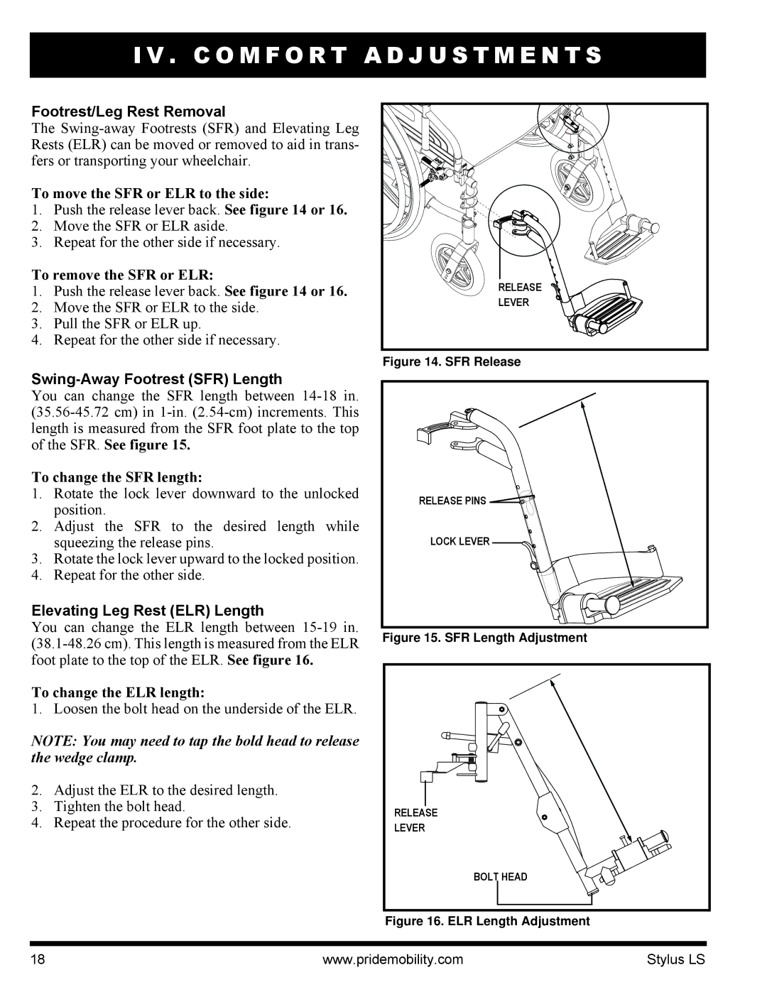 Pride Mobility INFMANU4093 manual Footrest/Leg Rest Removal, Swing-Away Footrest SFR Length, Elevating Leg Rest ELR Length 