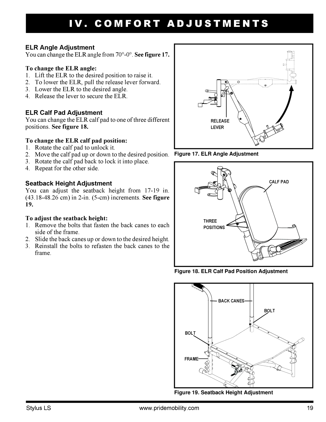 Pride Mobility INFMANU4093 manual ELR Angle Adjustment, ELR Calf Pad Adjustment, Seatback Height Adjustment 