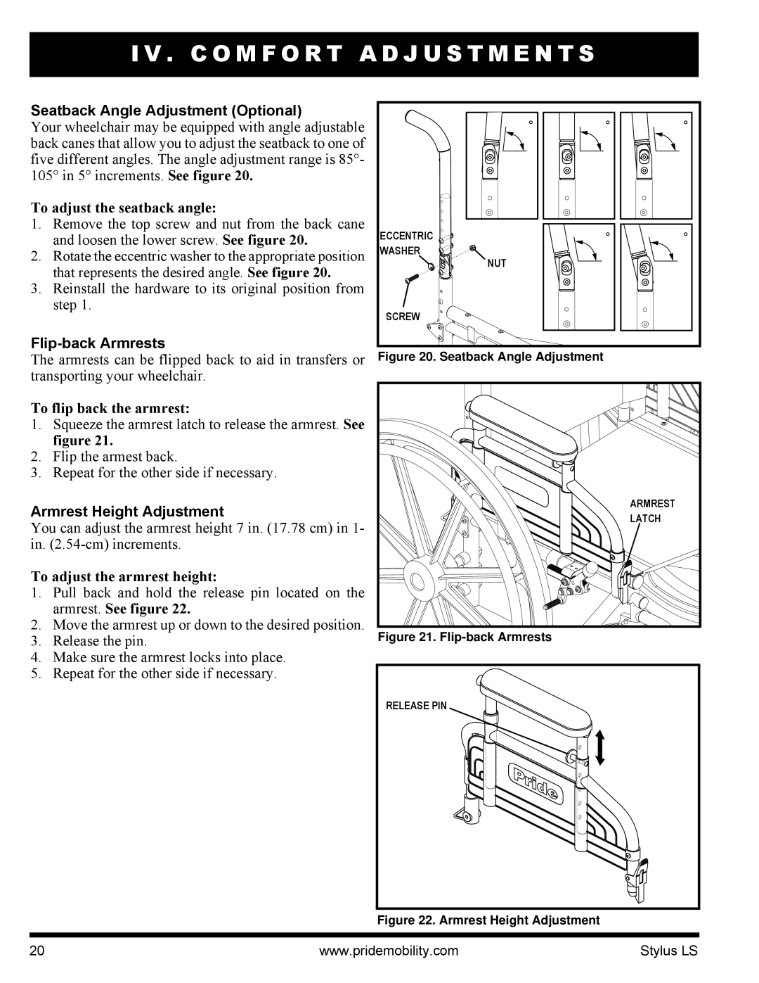 Pride Mobility INFMANU4093 manual Seatback Angle Adjustment Optional, Flip-back Armrests, Armrest Height Adjustment 