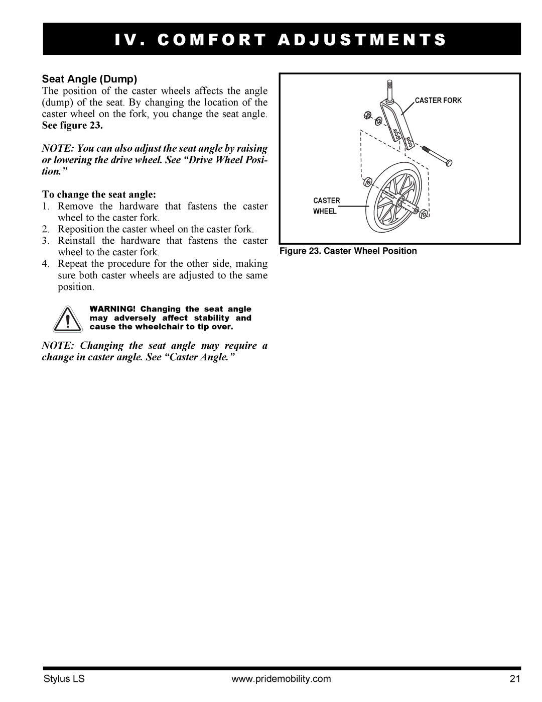 Pride Mobility INFMANU4093 manual Seat Angle Dump, See figure To change the seat angle 