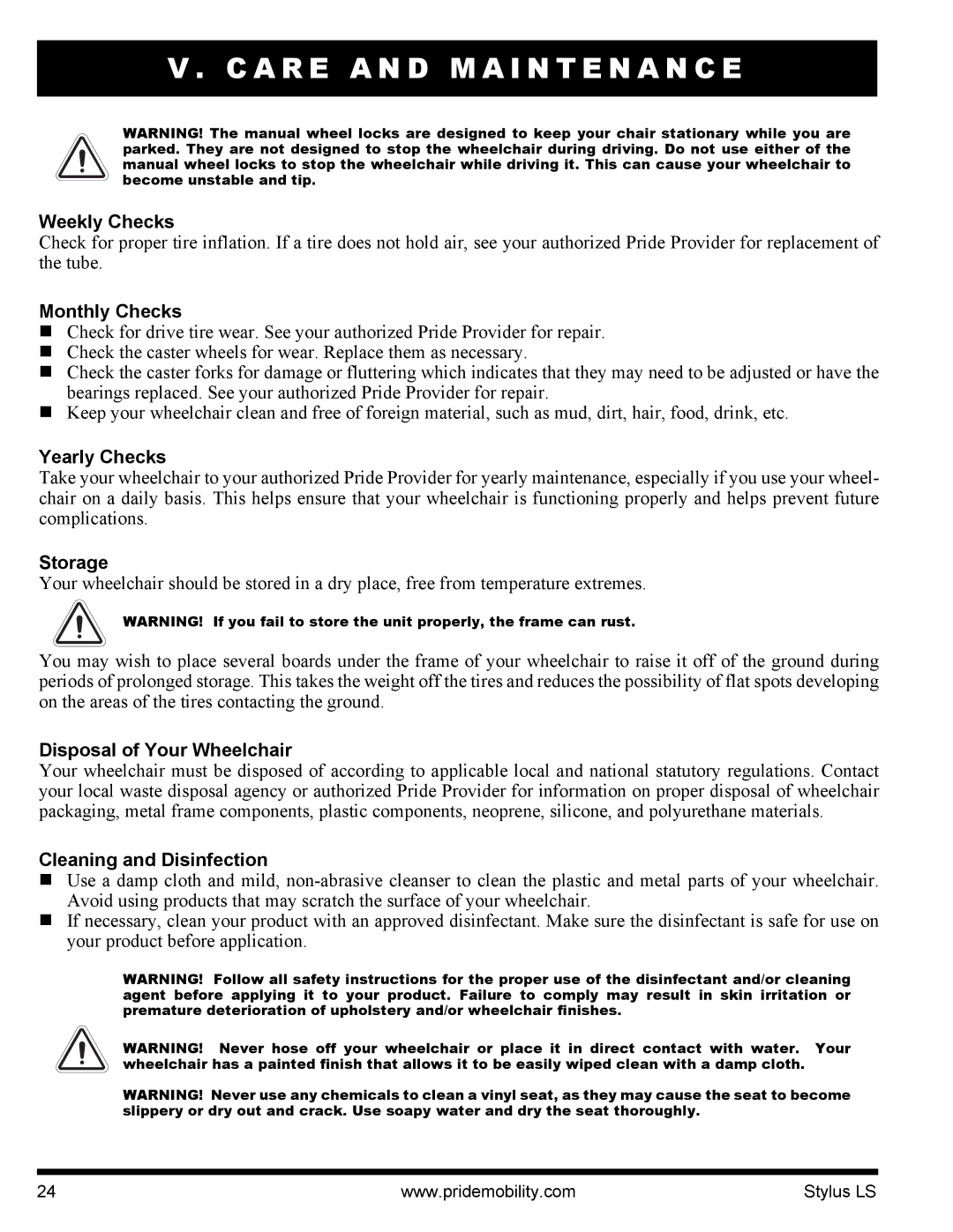 Pride Mobility INFMANU4093 manual Weekly Checks, Monthly Checks, Yearly Checks, Storage, Disposal of Your Wheelchair 