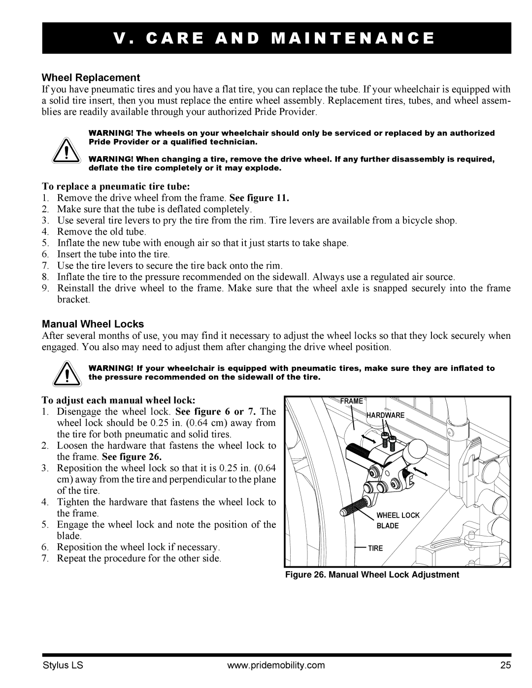 Pride Mobility INFMANU4093 Wheel Replacement, To replace a pneumatic tire tube, To adjust each manual wheel lock 