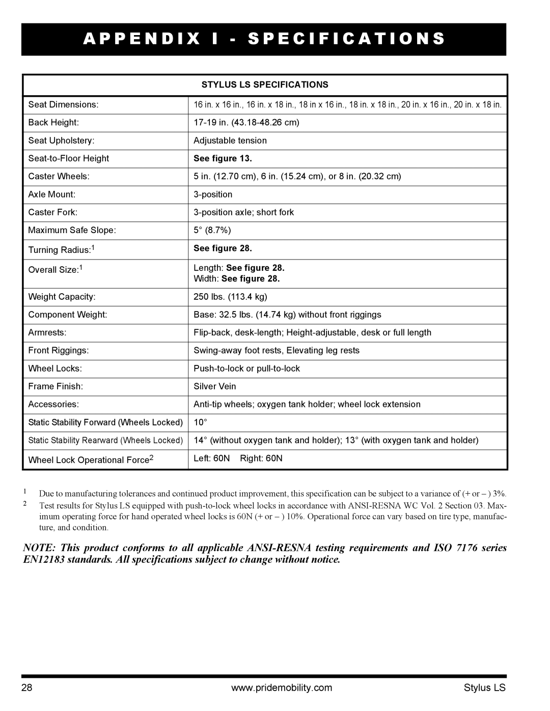 Pride Mobility INFMANU4093 manual P E N D I X I Specification S, Stylus LS Specifications 