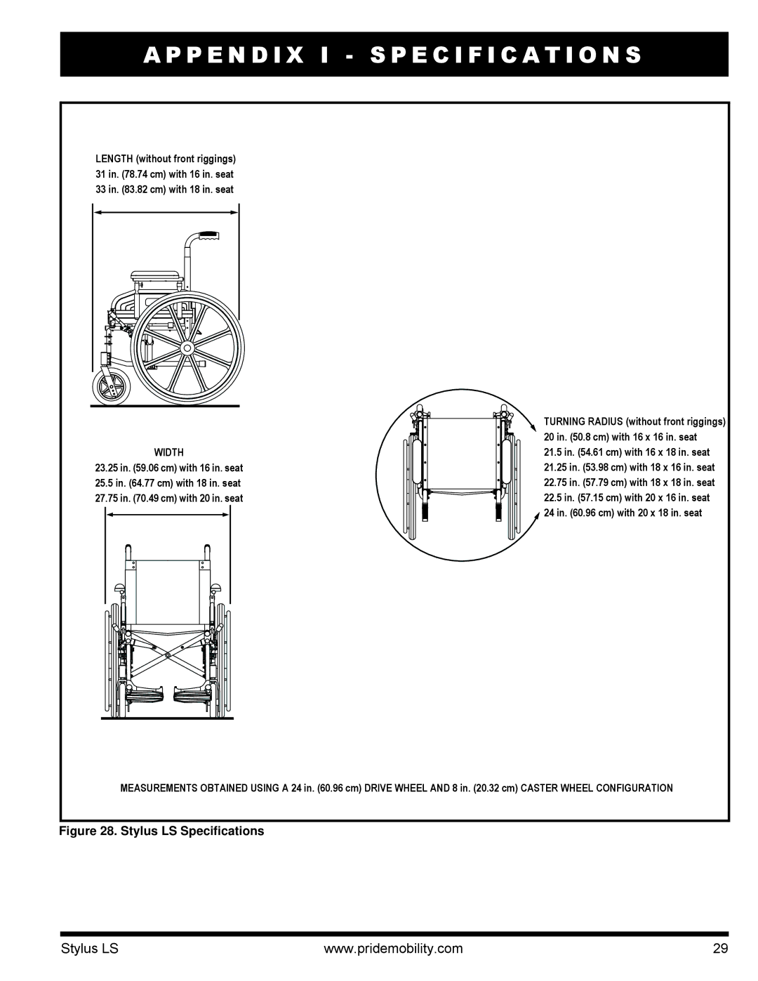 Pride Mobility INFMANU4093 manual Stylus LS Specifications 