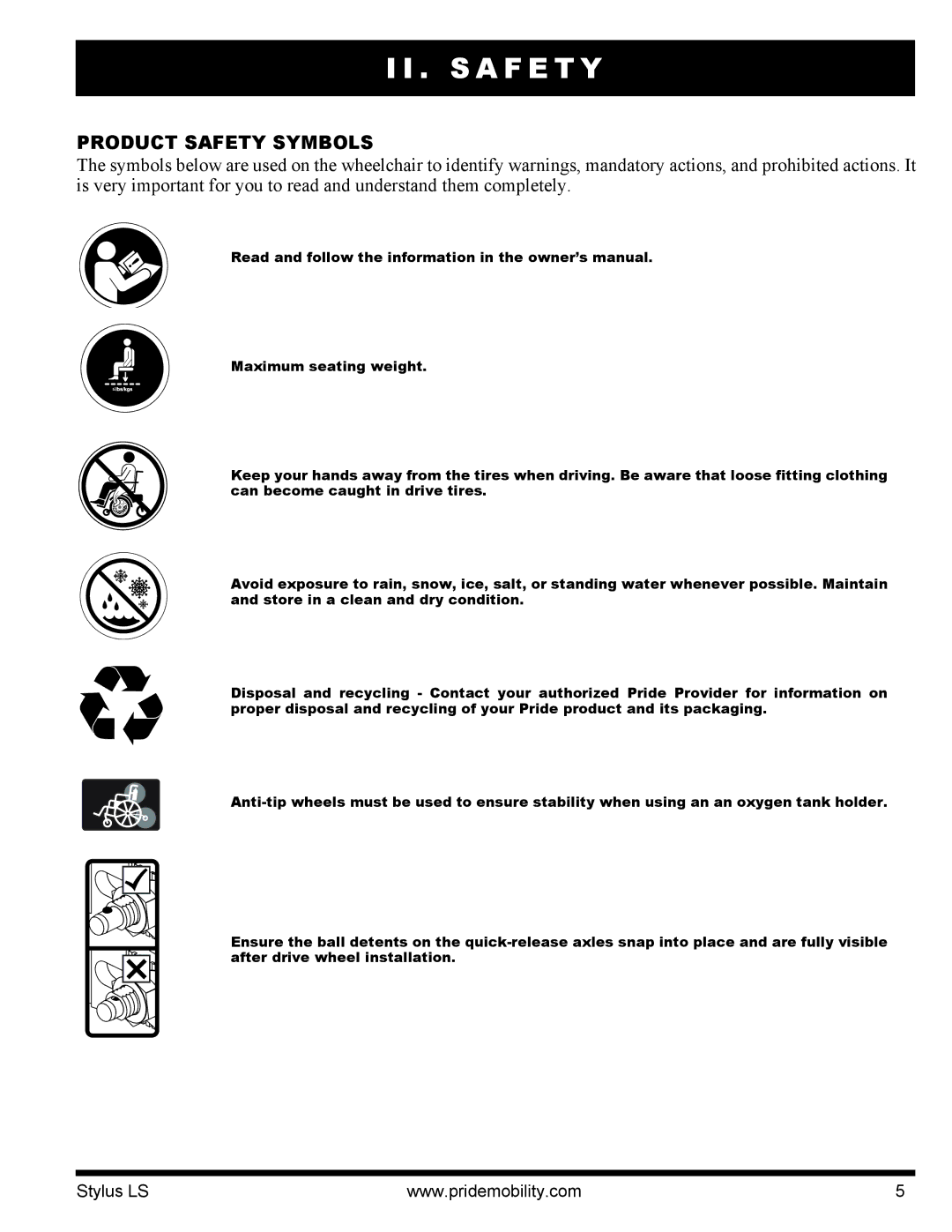 Pride Mobility INFMANU4093 manual S a F E T Y, Product Safety Symbols 