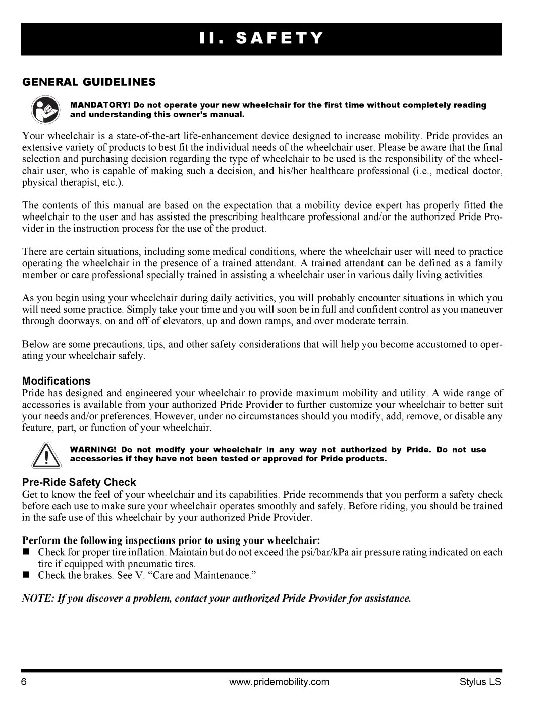 Pride Mobility INFMANU4093 manual General Guidelines, Modifications, Pre-Ride Safety Check 