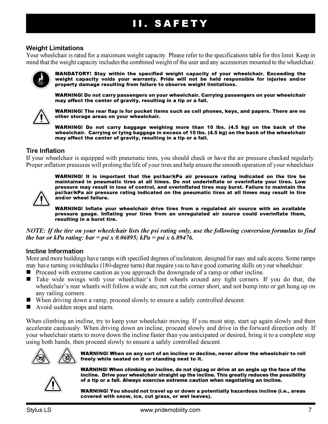 Pride Mobility INFMANU4093 manual Weight Limitations, Tire Inflation, Incline Information 