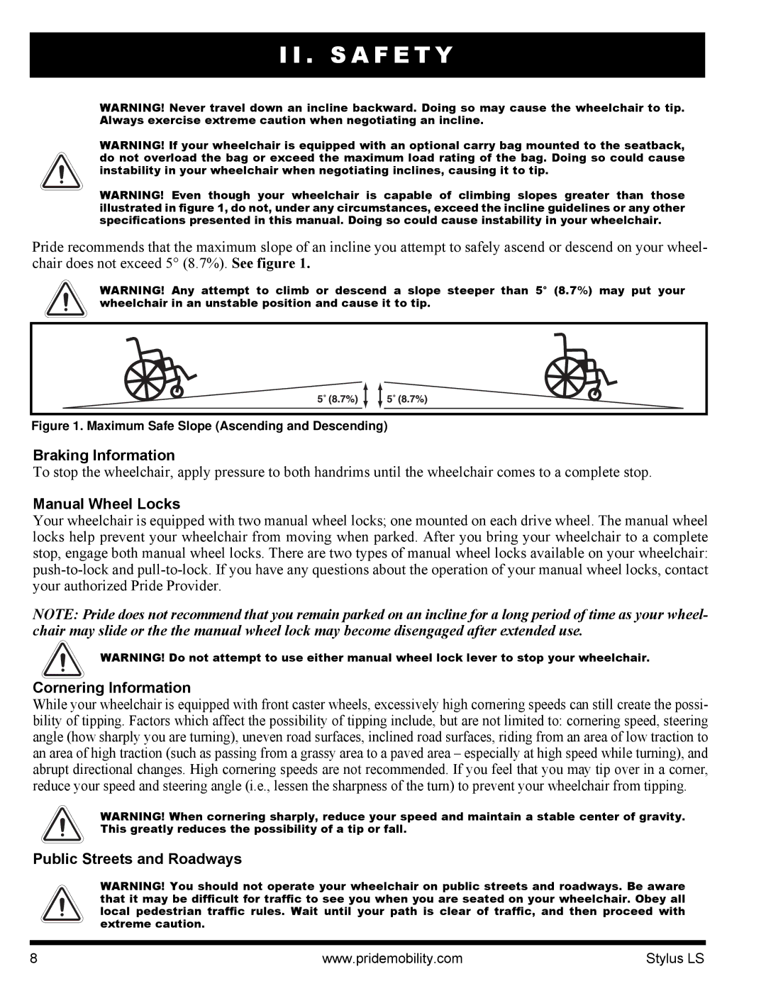 Pride Mobility INFMANU4093 Braking Information, Manual Wheel Locks, Cornering Information, Public Streets and Roadways 