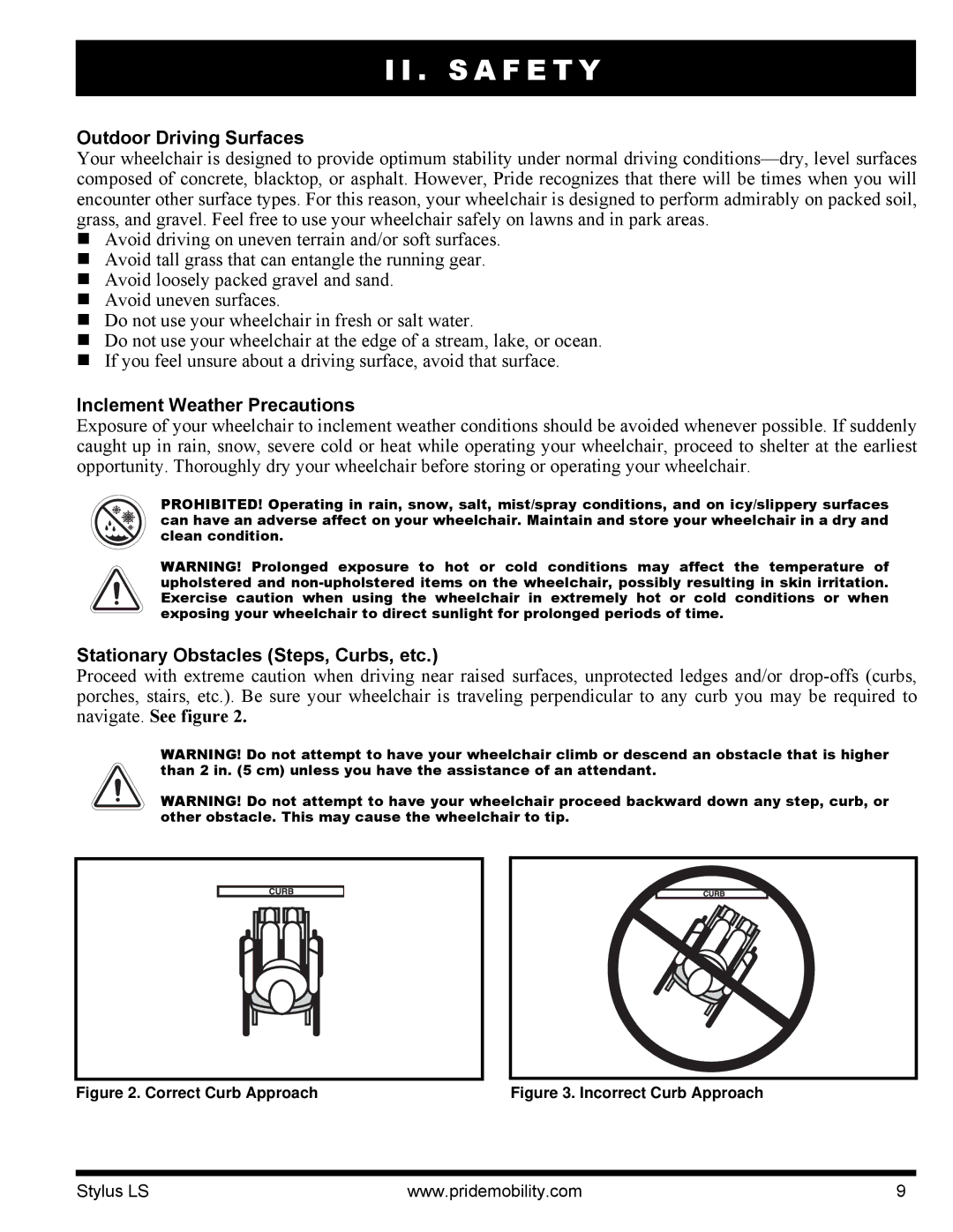 Pride Mobility INFMANU4093 Outdoor Driving Surfaces, Inclement Weather Precautions, Stationary Obstacles Steps, Curbs, etc 