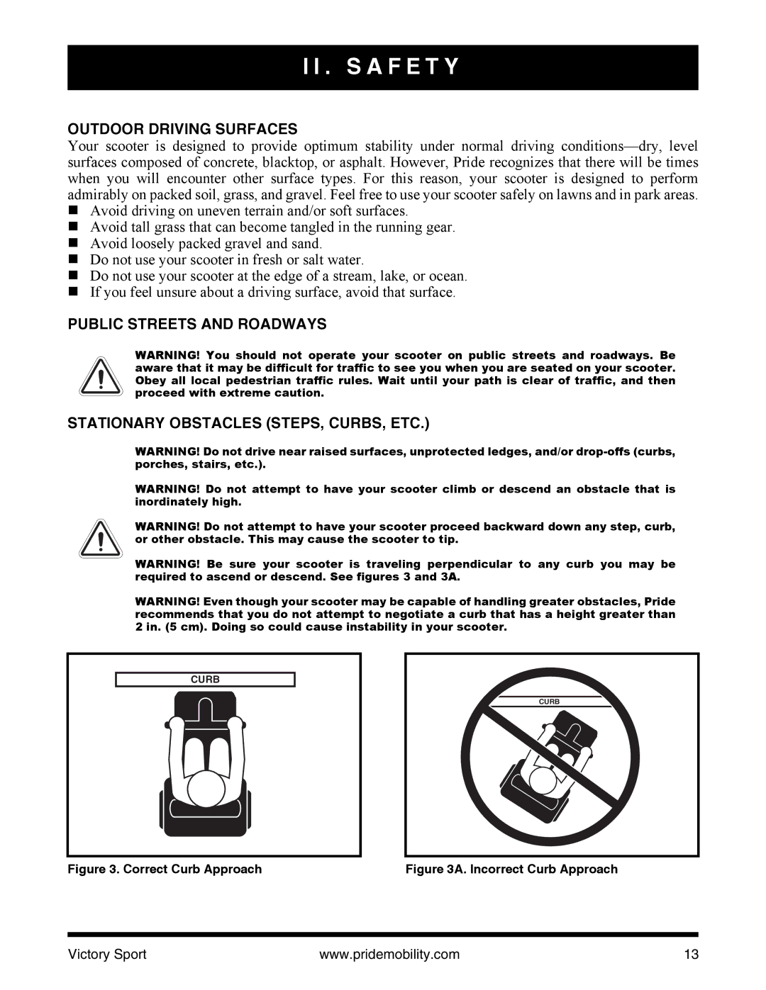 Pride Mobility INFMANU4206 manual Outdoor Driving Surfaces, Correct Curb Approach 
