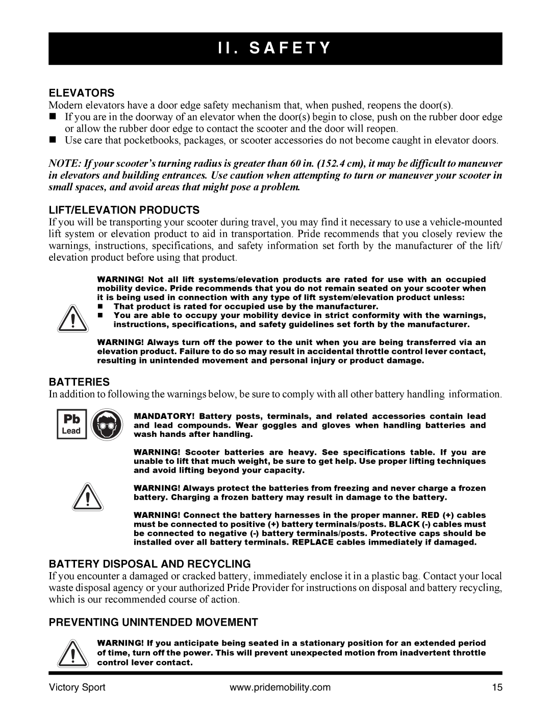 Pride Mobility INFMANU4206 manual Elevators, LIFT/ELEVATION Products, Batteries, Battery Disposal and Recycling 