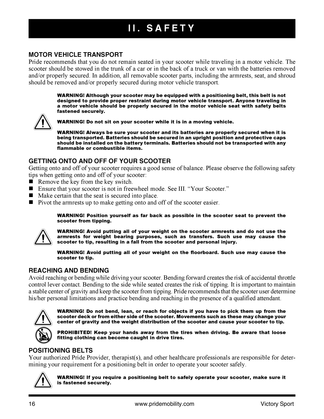 Pride Mobility INFMANU4206 manual Motor Vehicle Transport, Getting Onto and OFF of Your Scooter, Reaching and Bending 