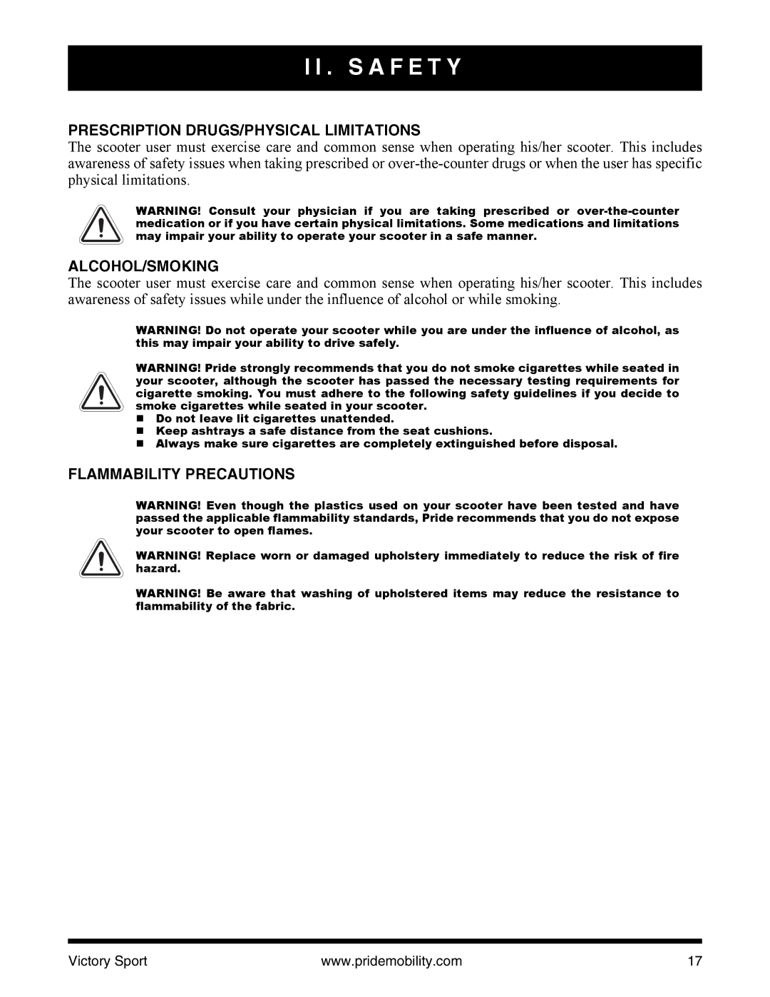 Pride Mobility INFMANU4206 manual Prescription DRUGS/PHYSICAL Limitations, Alcohol/Smoking, Flammability Precautions 