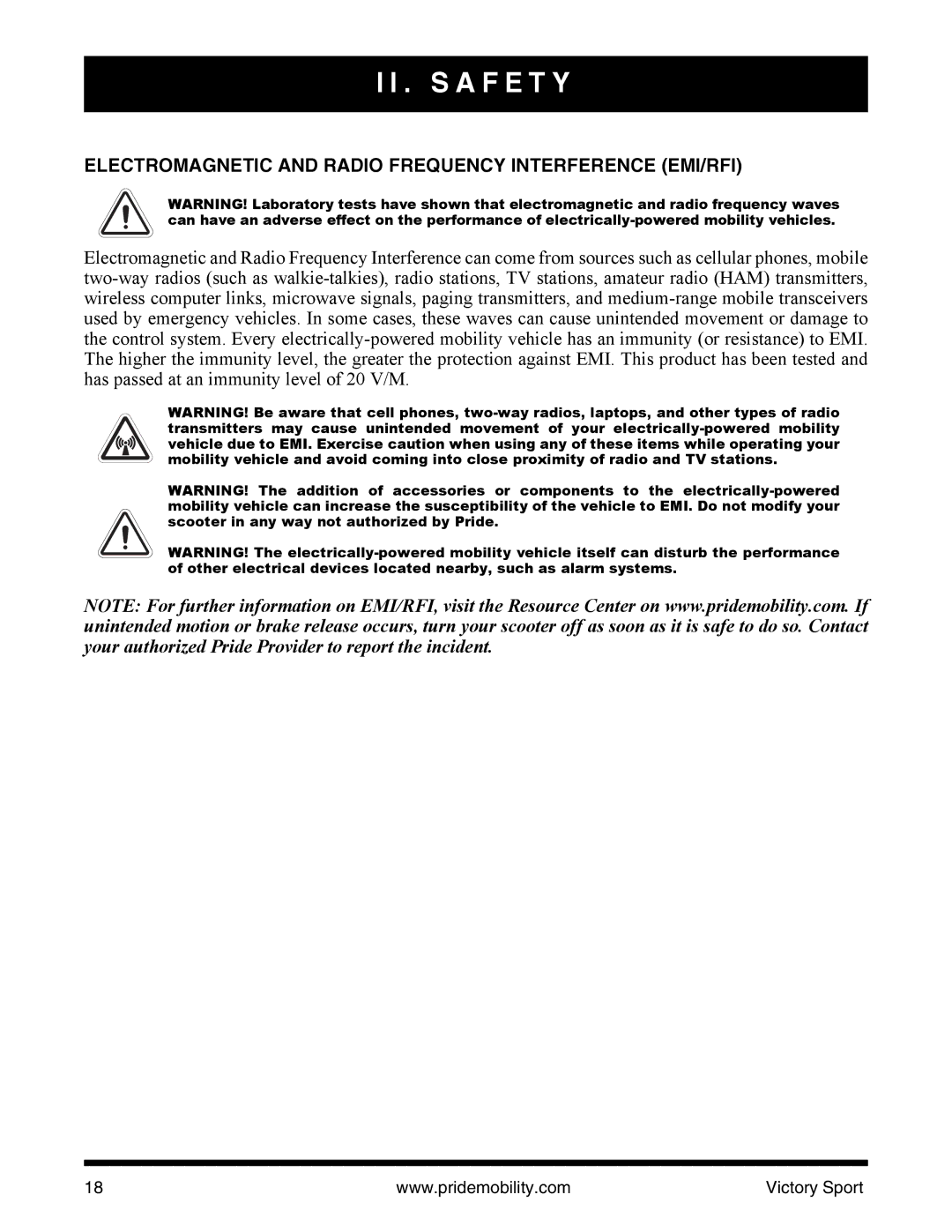 Pride Mobility INFMANU4206 manual Electromagnetic and Radio Frequency Interference EMI/RFI 