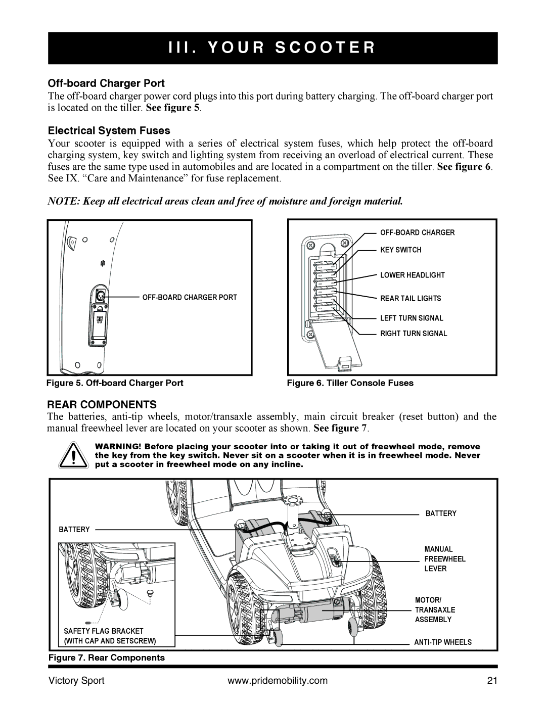 Pride Mobility INFMANU4206 manual Off-board Charger Port, Electrical System Fuses, Rear Components 