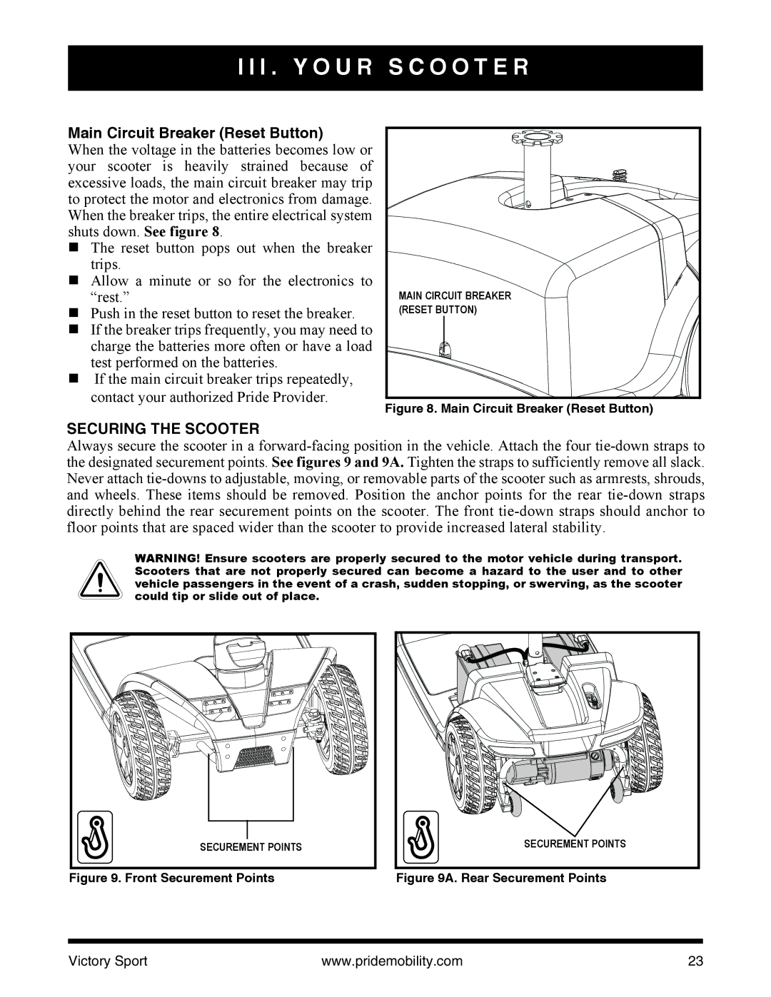 Pride Mobility INFMANU4206 manual Main Circuit Breaker Reset Button, Securing the Scooter 