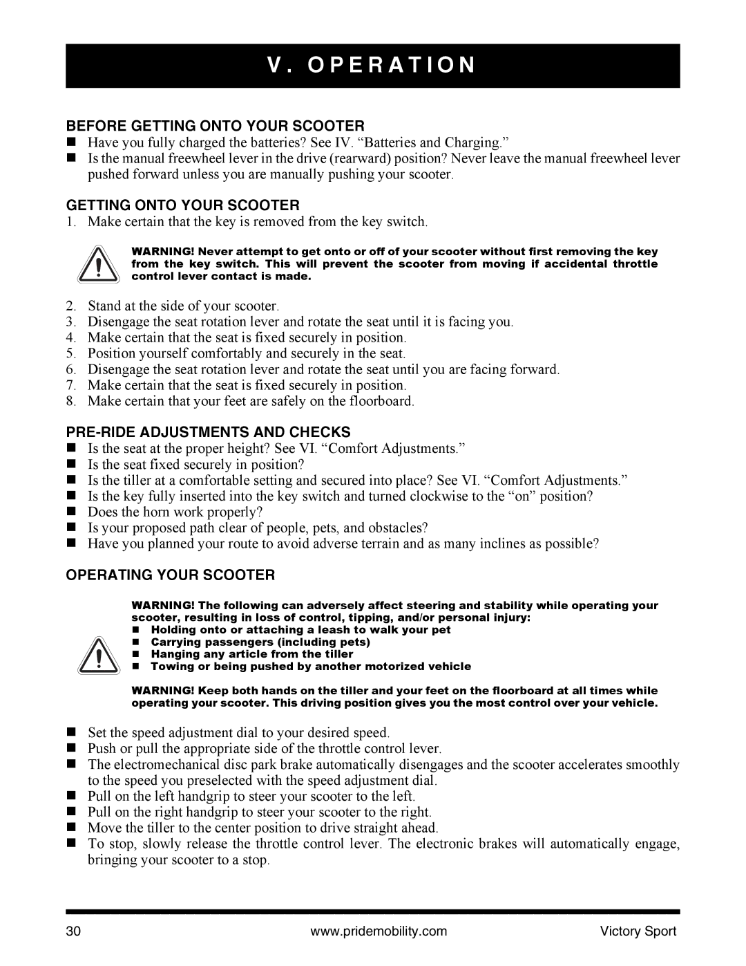 Pride Mobility INFMANU4206 manual P E R a T I O N, Before Getting Onto Your Scooter, PRE-RIDE Adjustments and Checks 