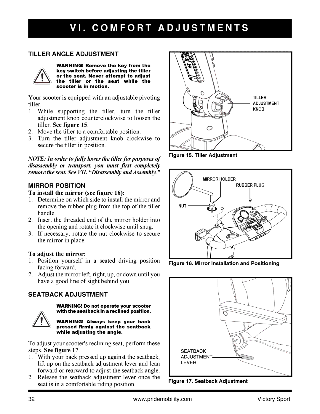 Pride Mobility INFMANU4206 manual C O M F O R T a D J U S T M E N T S, Tiller Angle Adjustment, Mirror Position 