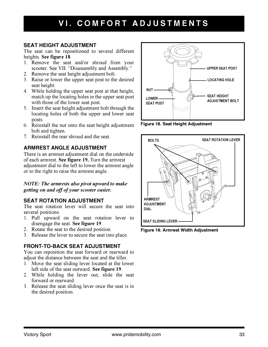 Pride Mobility INFMANU4206 manual Seat Height Adjustment, Armrest Angle Adjustment, Seat Rotation Adjustment 