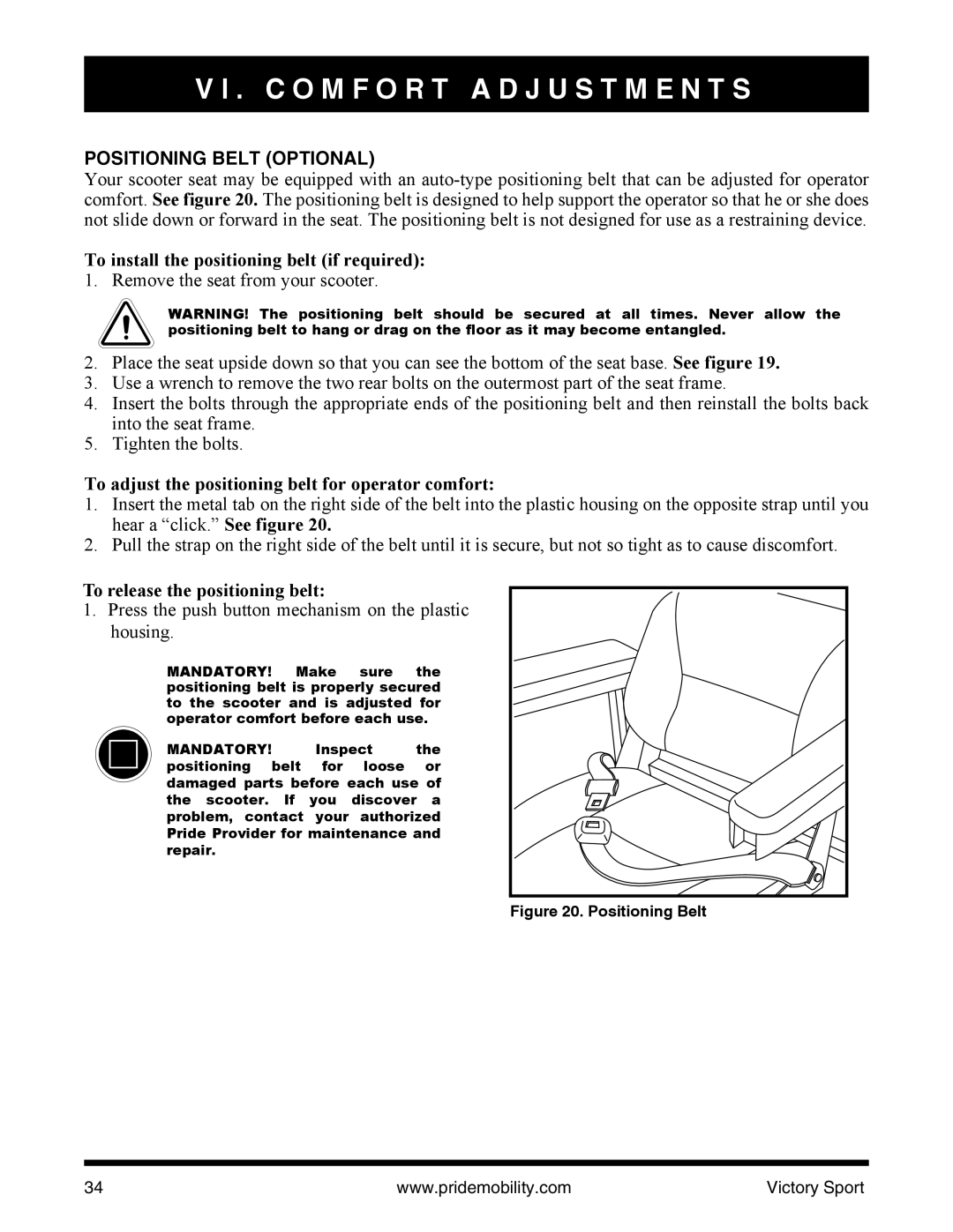 Pride Mobility INFMANU4206 manual Positioning Belt Optional, To adjust the positioning belt for operator comfort 