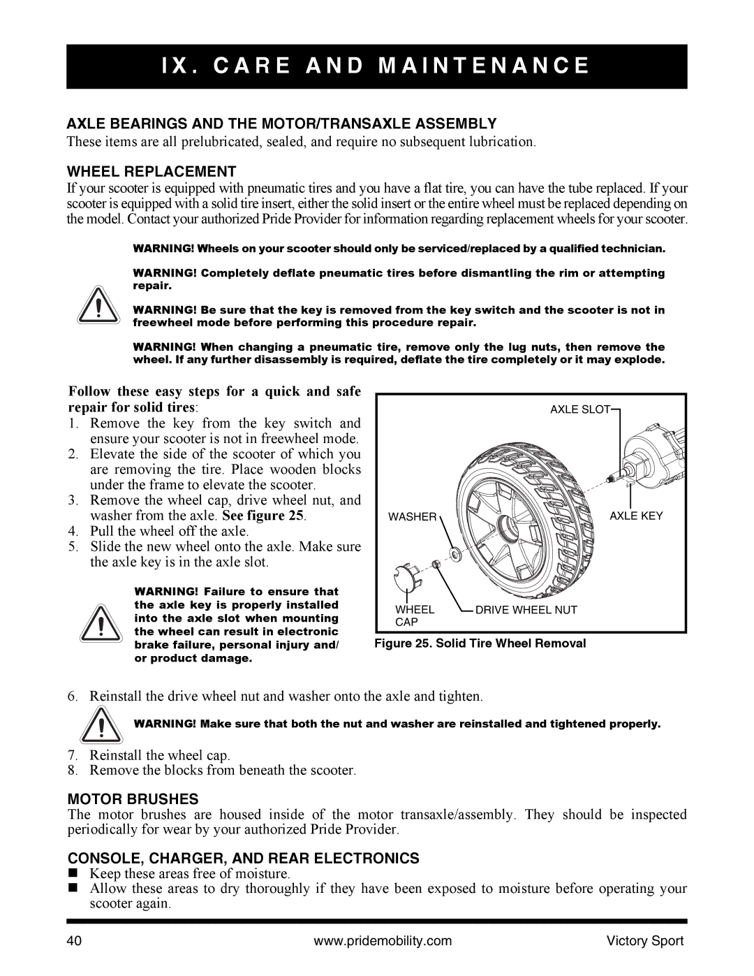 Pride Mobility INFMANU4206 manual Axle Bearings and the MOTOR/TRANSAXLE Assembly, Wheel Replacement, Motor Brushes 