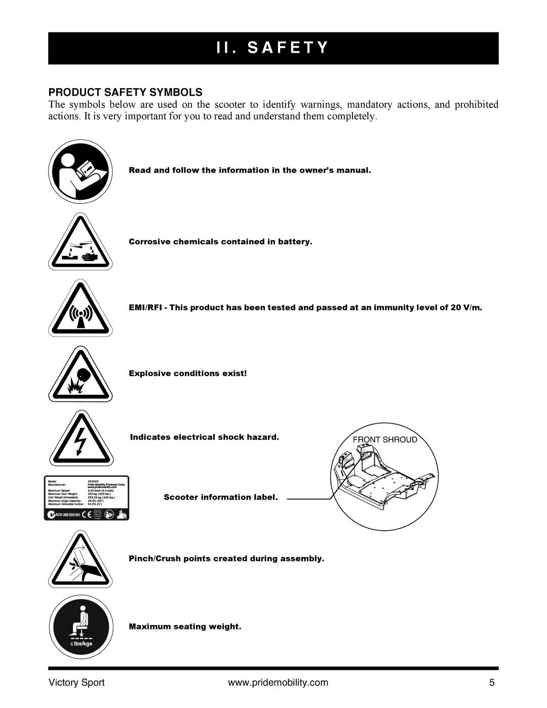 Pride Mobility INFMANU4206 manual S a F E T Y, Product Safety Symbols 