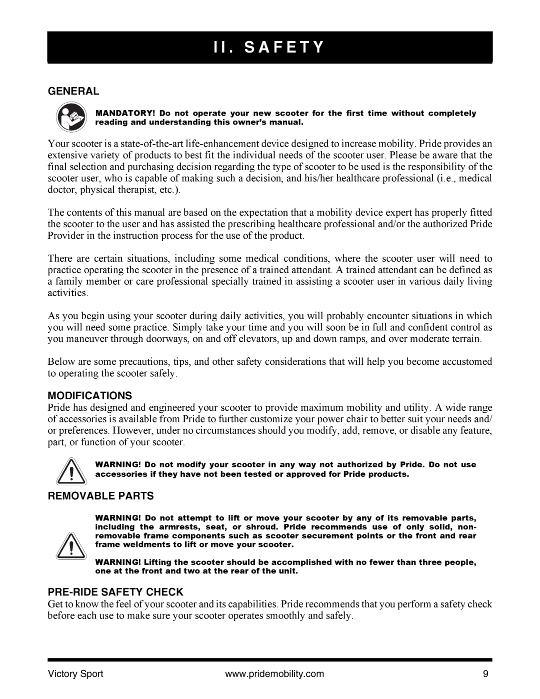 Pride Mobility INFMANU4206 manual General, Modifications, Removable Parts PRE-RIDE Safety Check 