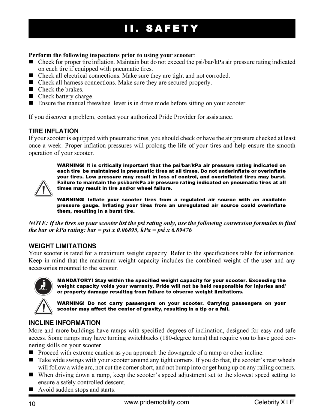 Pride Mobility INFMANU4440 manual Tire Inflation, Weight Limitations, Incline Information 
