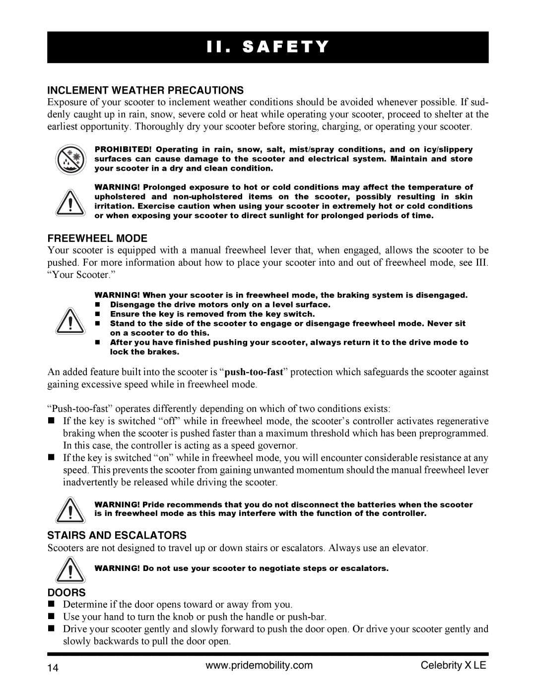 Pride Mobility INFMANU4440 manual Inclement Weather Precautions, Freewheel Mode, Stairs and Escalators, Doors 