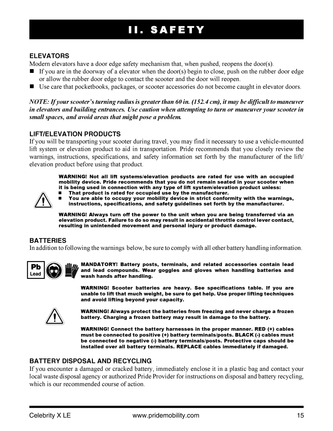 Pride Mobility INFMANU4440 manual Elevators, LIFT/ELEVATION Products, Batteries, Battery Disposal and Recycling 