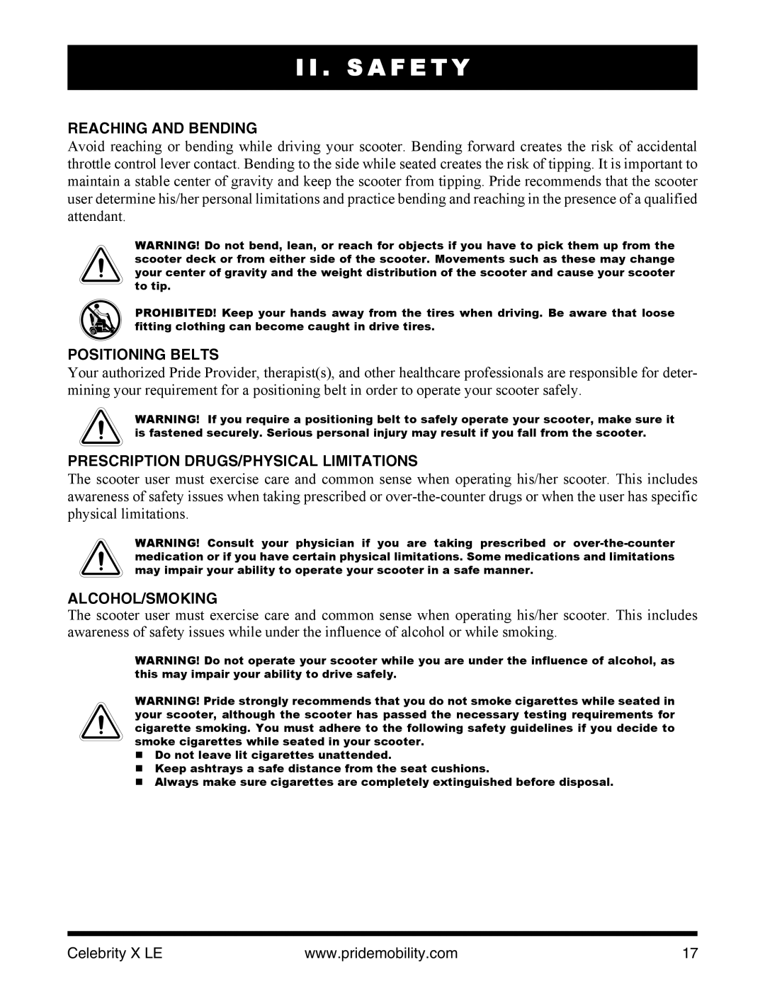 Pride Mobility INFMANU4440 manual Reaching and Bending, Positioning Belts, Prescription DRUGS/PHYSICAL Limitations 