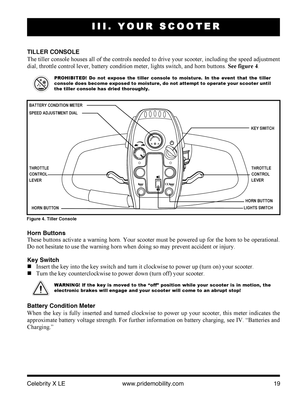 Pride Mobility INFMANU4440 I . Y O U R S C O O T E R, Tiller Console, Horn Buttons, Key Switch, Battery Condition Meter 