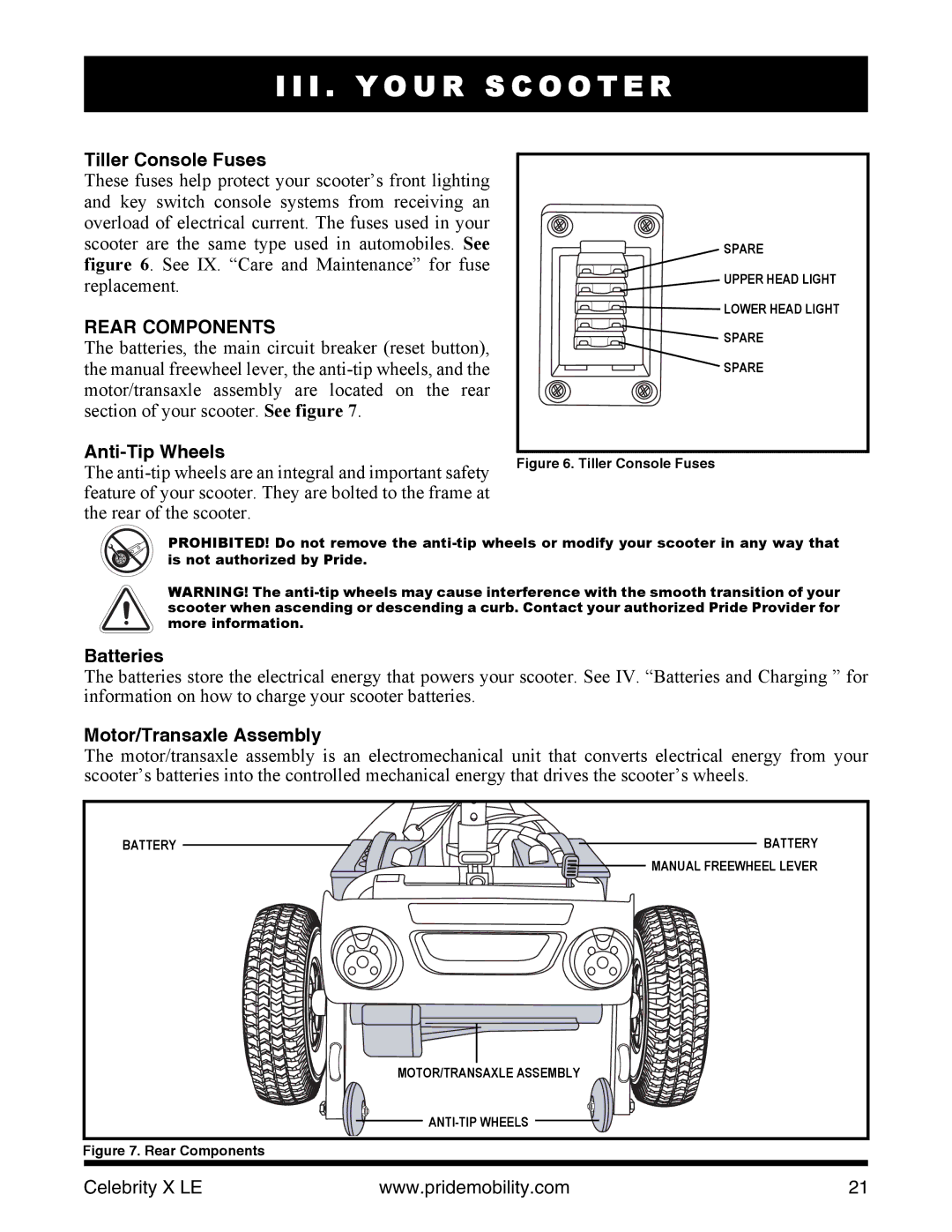 Pride Mobility INFMANU4440 Tiller Console Fuses, Rear Components, Anti-Tip Wheels, Batteries, Motor/Transaxle Assembly 